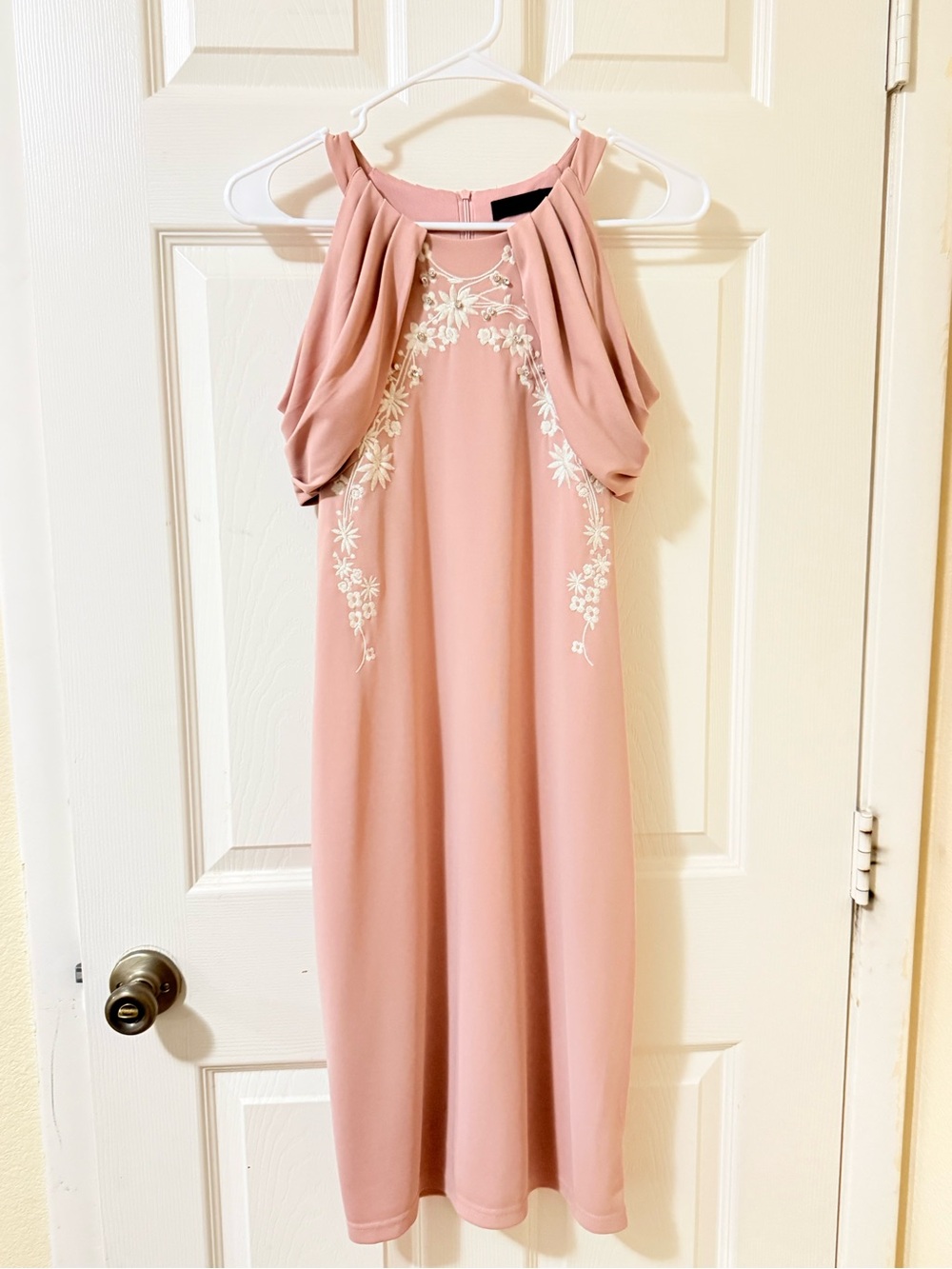 Blush Pink Midi Dress with Floral Embroidery